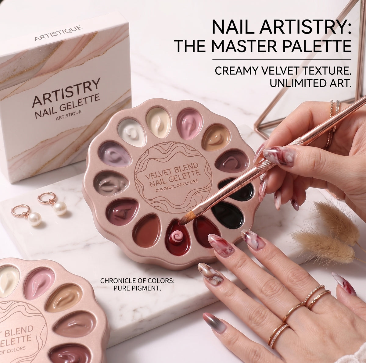 ARTISTIQUE Professional Nail Art Master Palette | Chronicle of Colors - 16 Highly Pigmented Gel Shades with Dual-End Brush Set | Creamy Velvet Texture for Unlimited Nail Artistry