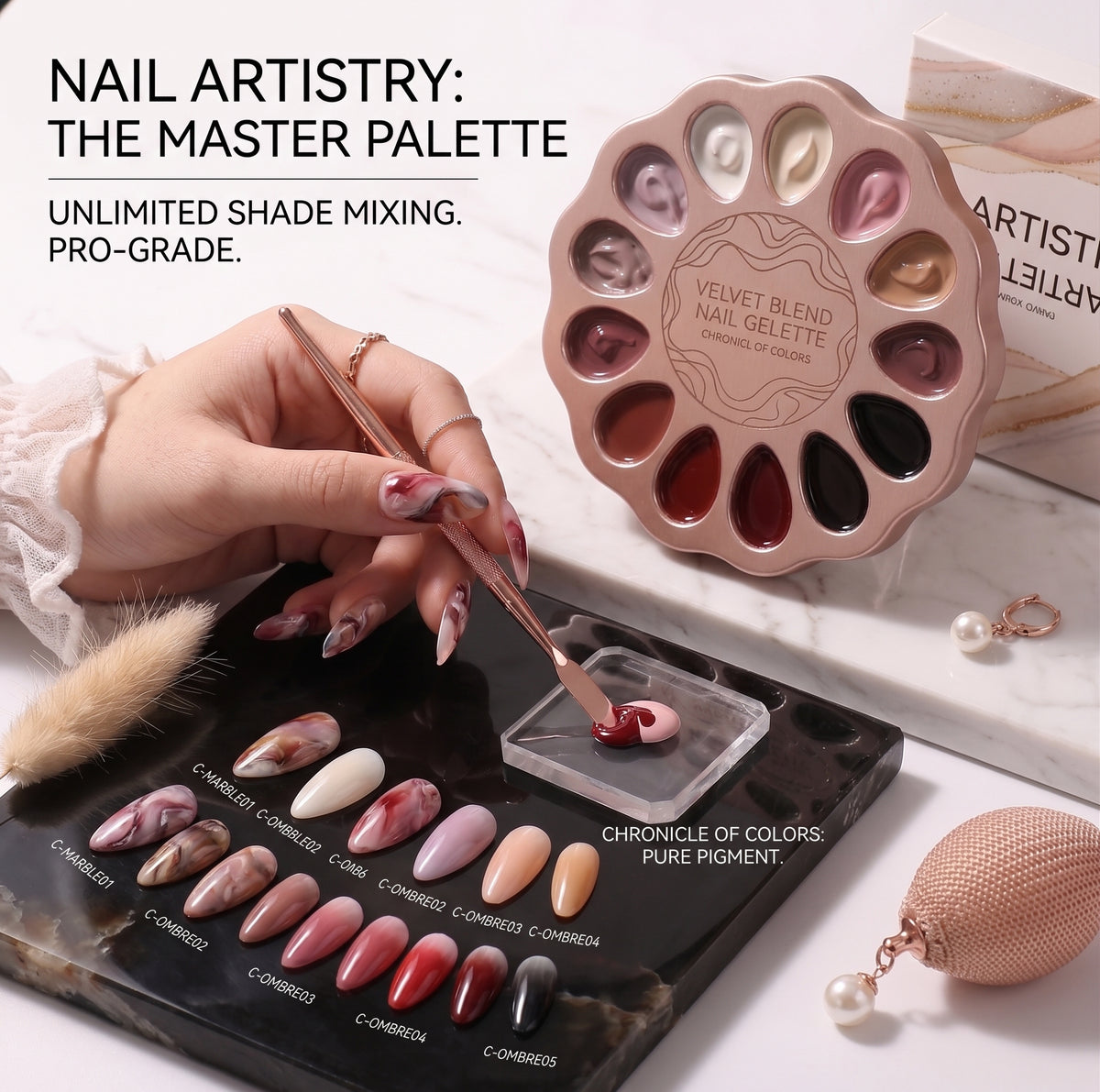 ARTISTIQUE Professional Nail Art Master Palette | Chronicle of Colors - 16 Highly Pigmented Gel Shades with Dual-End Brush Set | Creamy Velvet Texture for Unlimited Nail Artistry