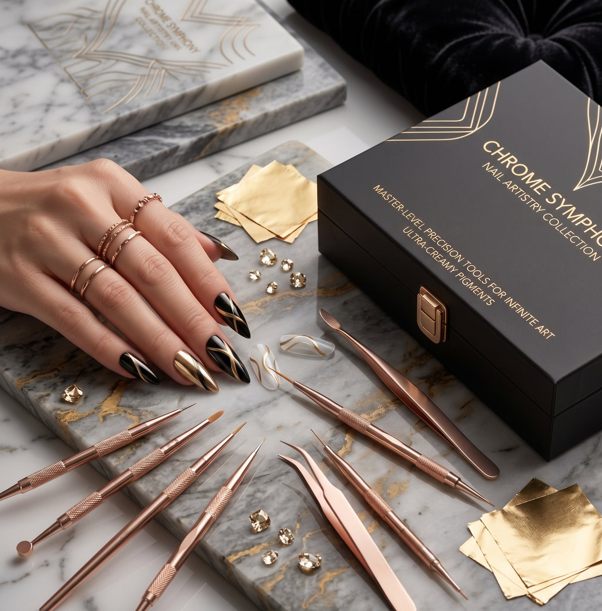 Artistry Master Collection | 24-Piece Designer Press-On Nails, Metallic Gold Gel Liner & Rose Gold Precision Tool Suite