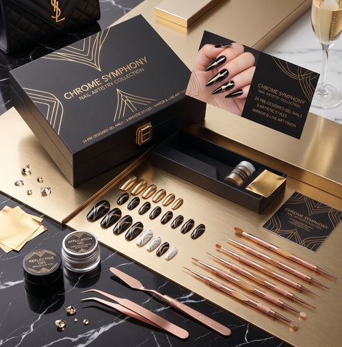 Artistry Master Collection | 24-Piece Designer Press-On Nails, Metallic Gold Gel Liner & Rose Gold Precision Tool Suite