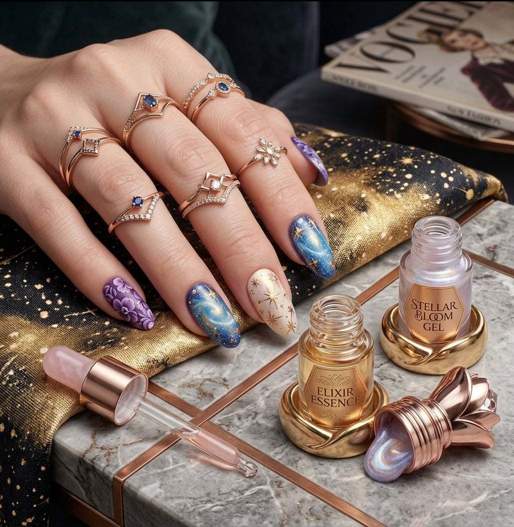 Luxury Gel Polish & Nourishing Oil Set – Cosmic Shimmer Nail Art Gel, Fast Curing UV/LED One-Step Polish with Botanical Elixir Essence for Professional Salon Result (3-Piece Kit)