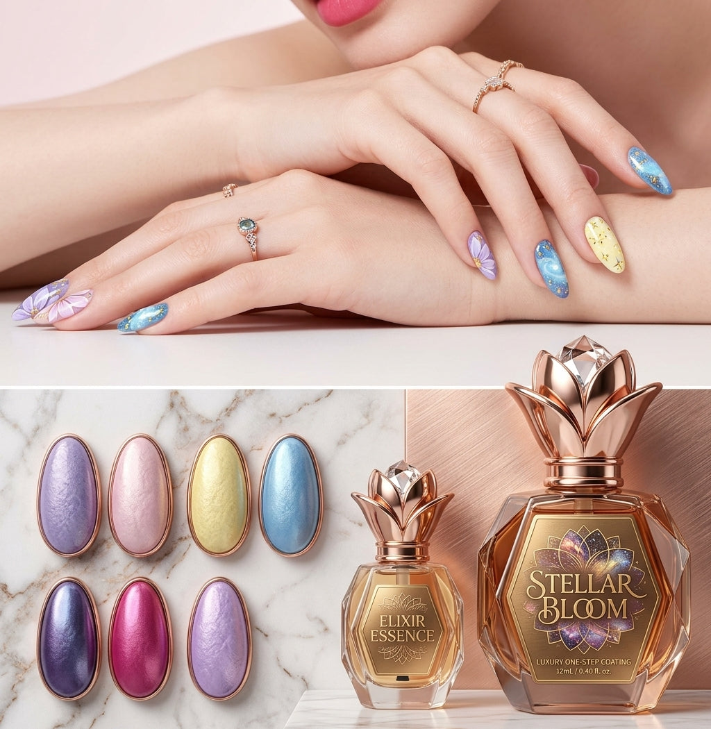 Luxury Gel Polish & Nourishing Oil Set – Cosmic Shimmer Nail Art Gel, Fast Curing UV/LED One-Step Polish with Botanical Elixir Essence for Professional Salon Result (3-Piece Kit)