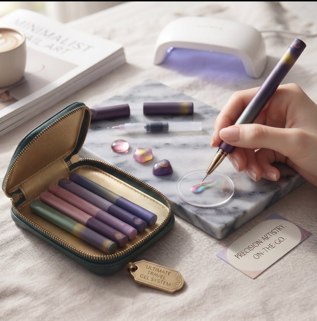 Professional Gel Nail Polish Pen Travel Set - 6-Piece Celestial Aurora Gradient 1-Step Polish Kit with Luxury Leatherette Case & Portable UV Lamp