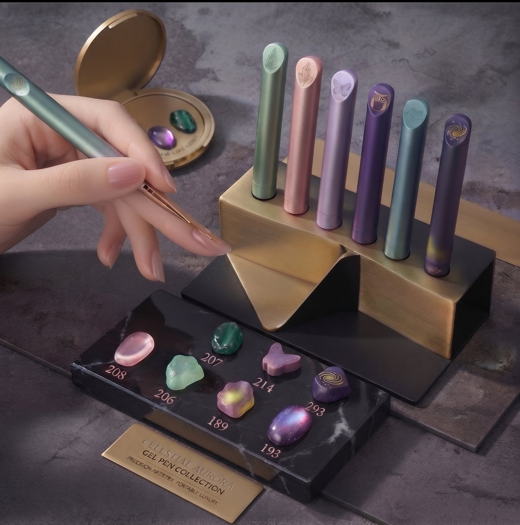 Professional Gel Nail Polish Pen Travel Set - 6-Piece Celestial Aurora Gradient 1-Step Polish Kit with Luxury Leatherette Case & Portable UV Lamp