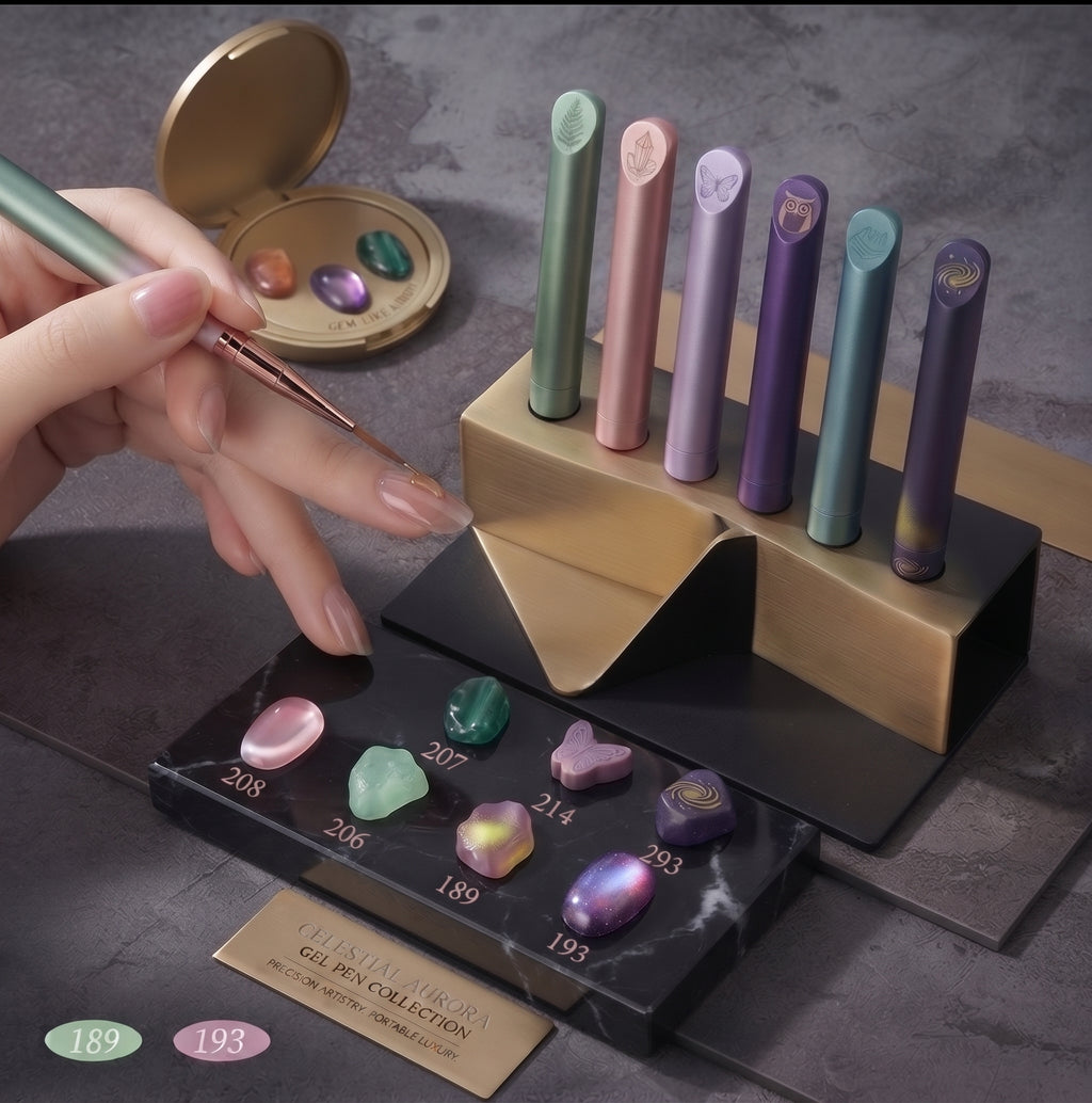 Professional Gel Nail Polish Pen Travel Set - 6-Piece Celestial Aurora Gradient 1-Step Polish Kit with Luxury Leatherette Case & Portable UV Lamp