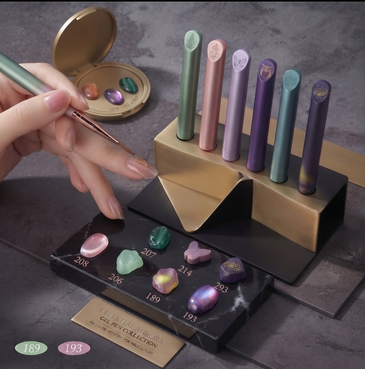 Professional Gel Nail Polish Pen Travel Set - 6-Piece Celestial Aurora Gradient 1-Step Polish Kit with Luxury Leatherette Case & Portable UV Lamp