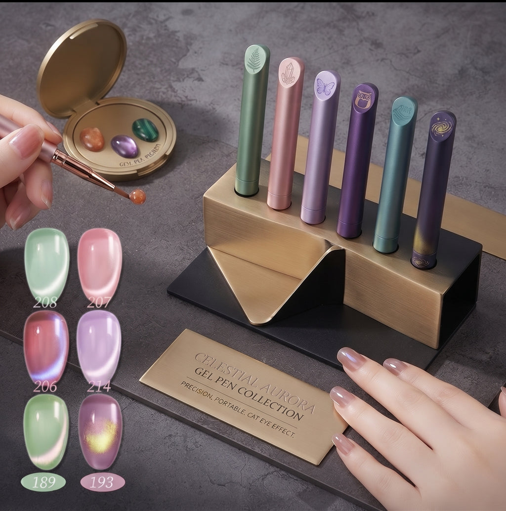 Professional Gel Nail Polish Pen Travel Set - 6-Piece Celestial Aurora Gradient 1-Step Polish Kit with Luxury Leatherette Case & Portable UV Lamp