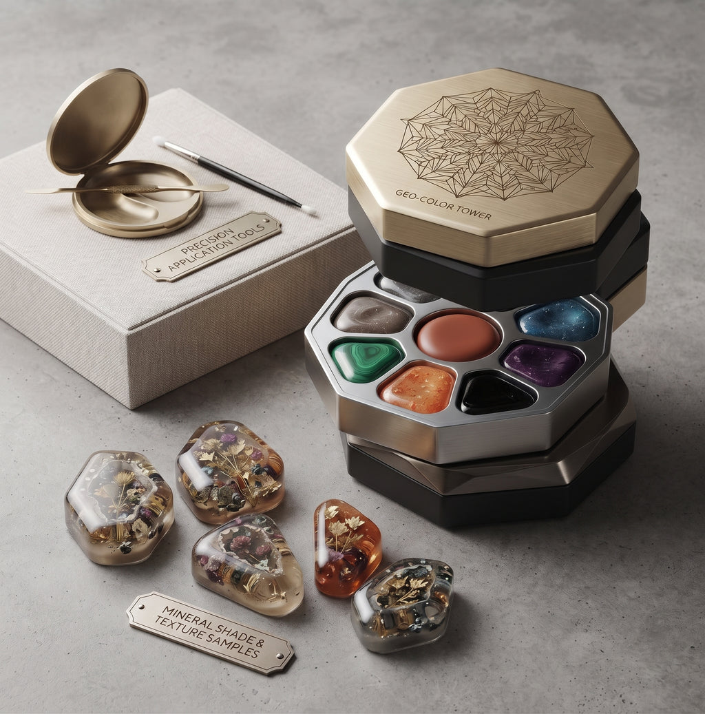 Professional Solid Gel Nail Palette Set - 9-Color Geometric Metallic Case with Precision Application Tools & Mineral Texture Samples